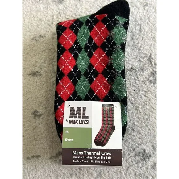 Men Muk Luks Thermal Crew Socks Sz 9-12 M-L Red/Green Argyle Christmas Non Slip - Picture 6 of 6